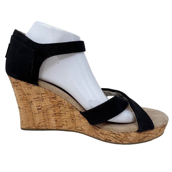 Toms Womens Sienna Black Canvas Cork Wedge 4" Heel Sandal Size 11 VGC - Picture 5 of 9